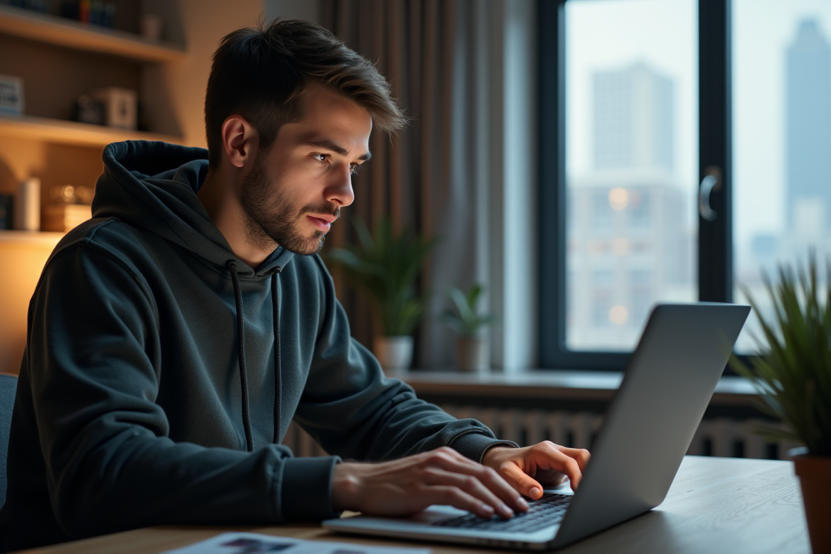 Jeune homme concentré devant son ordinateur dans un appartement