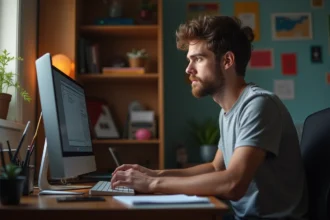 Jeune homme concentré sur son ordinateur dans son bureau