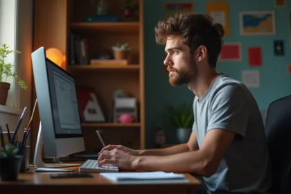 Jeune homme concentré sur son ordinateur dans son bureau