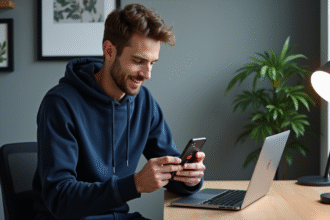 Jeune homme en hoodie code sur smartphone dans un bureau