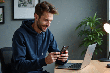 Jeune homme en hoodie code sur smartphone dans un bureau