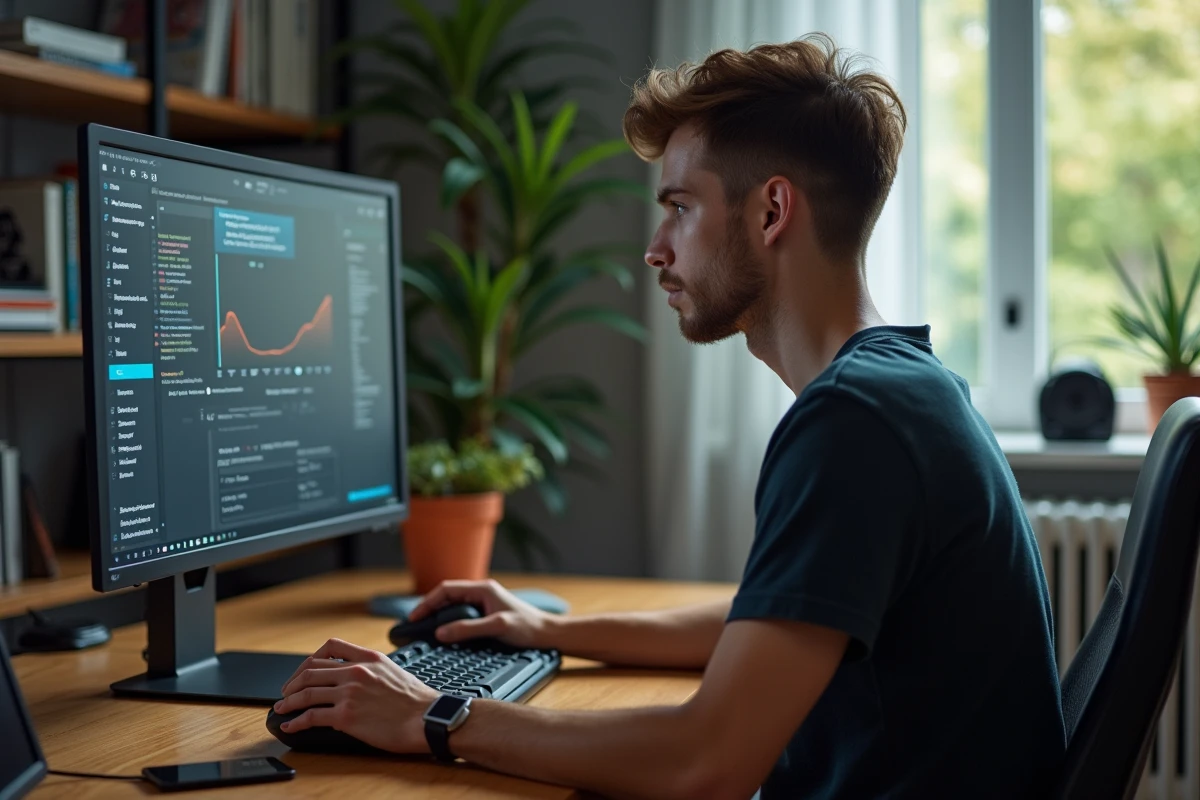 Jeune homme concentré avec manette de jeu dans un bureau moderne