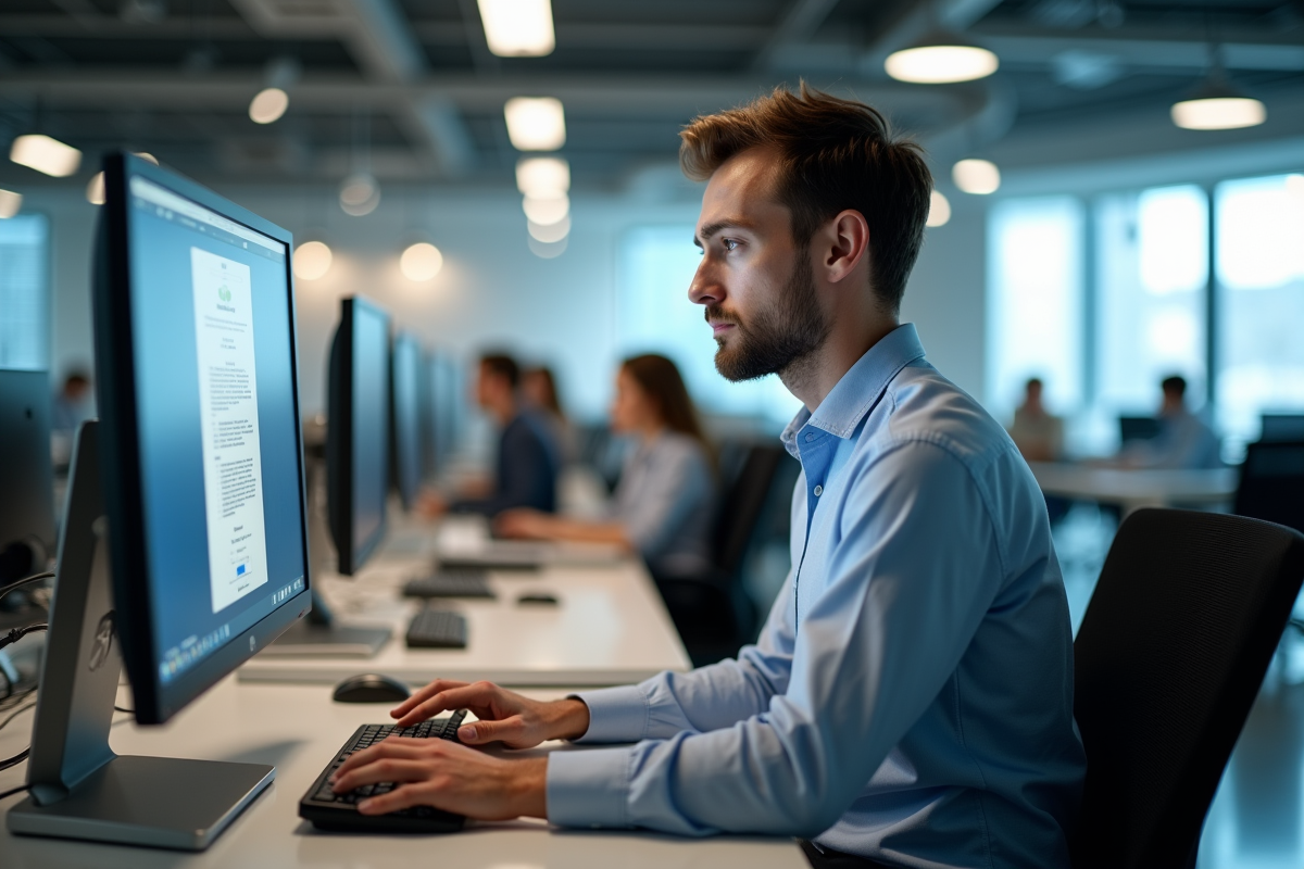 Jeune homme utilisant un ordinateur dans un bureau moderne