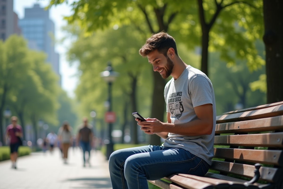 Jeune homme utilisant un téléphone dans un parc urbain