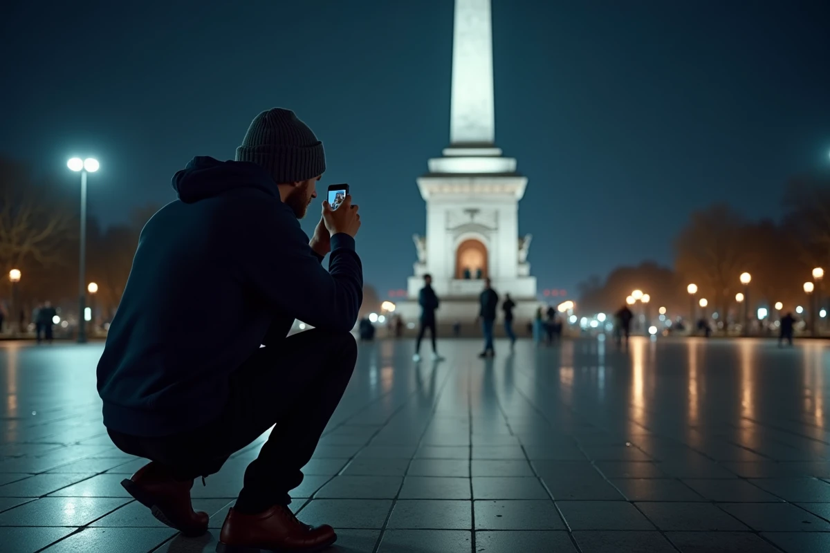 Jeune homme accroupi photographiant un monument nocturne avec son Google Pixel 8 Pro
