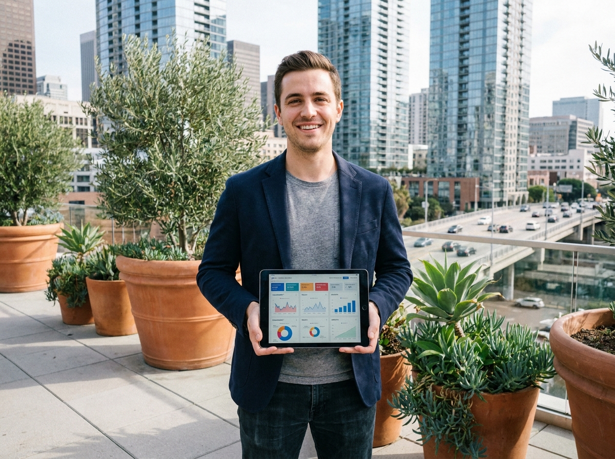Jeune homme analysant ses statistiques sur un rooftop urbain