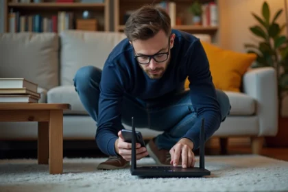 Jeune homme examine un routeur internet dans un salon cosy