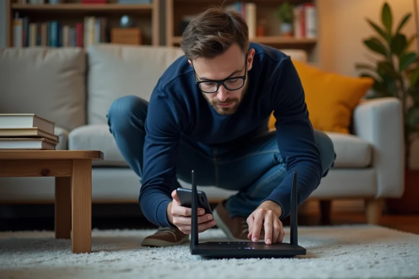 Jeune homme examine un routeur internet dans un salon cosy
