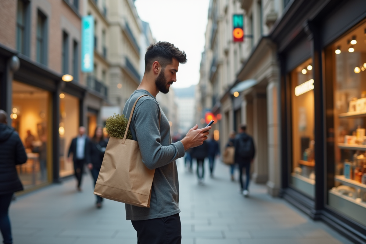 Jeune homme vérifiant son téléphone dans une rue commerçante