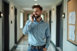 Jeune homme au smartphone dans un appartement moderne