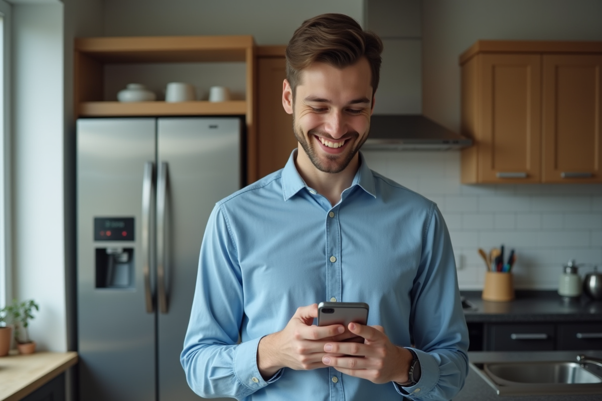 Jeune homme souriant utilisant son smartphone dans la cuisine