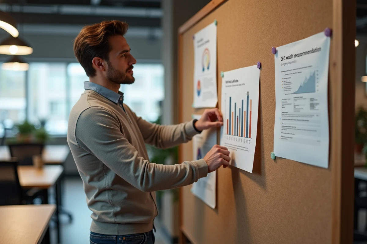 Jeune homme partageant des recommandations SEO avec une équipe