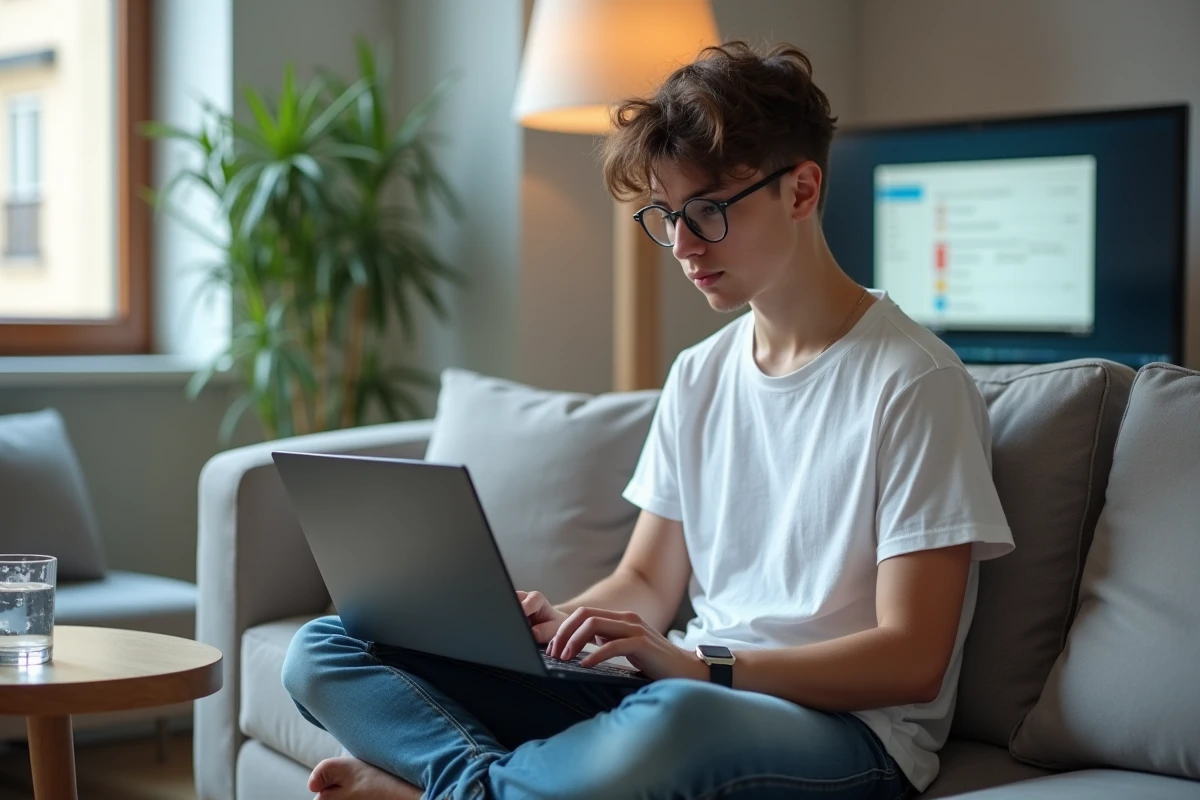 Jeune personne assise sur un canapé avec un clavier sans fil, consultant les paramètres de langue Windows pour résoudre le problème du raccourci È majuscule accent aigu