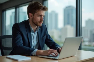 Jeune homme professionnel à Lyon utilisant un webmail