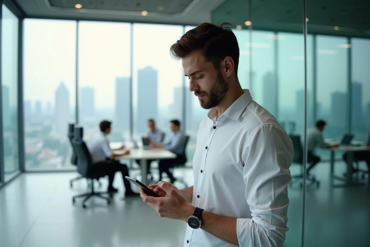 Jeune professionnel tenant son téléphone près d