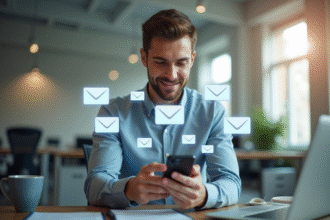 Jeune professionnel envoyant des SMS en masse sur un smartphone moderne