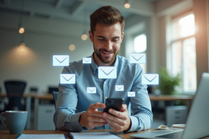 Jeune professionnel envoyant des SMS en masse sur un smartphone moderne