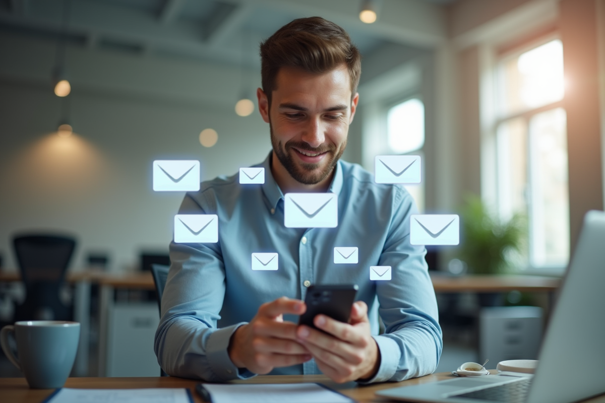 Jeune professionnel envoyant des SMS en masse sur un smartphone moderne