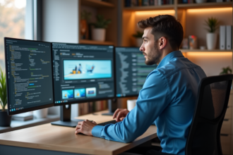 Jeune web designer en bleu travaillant sur un grand écran