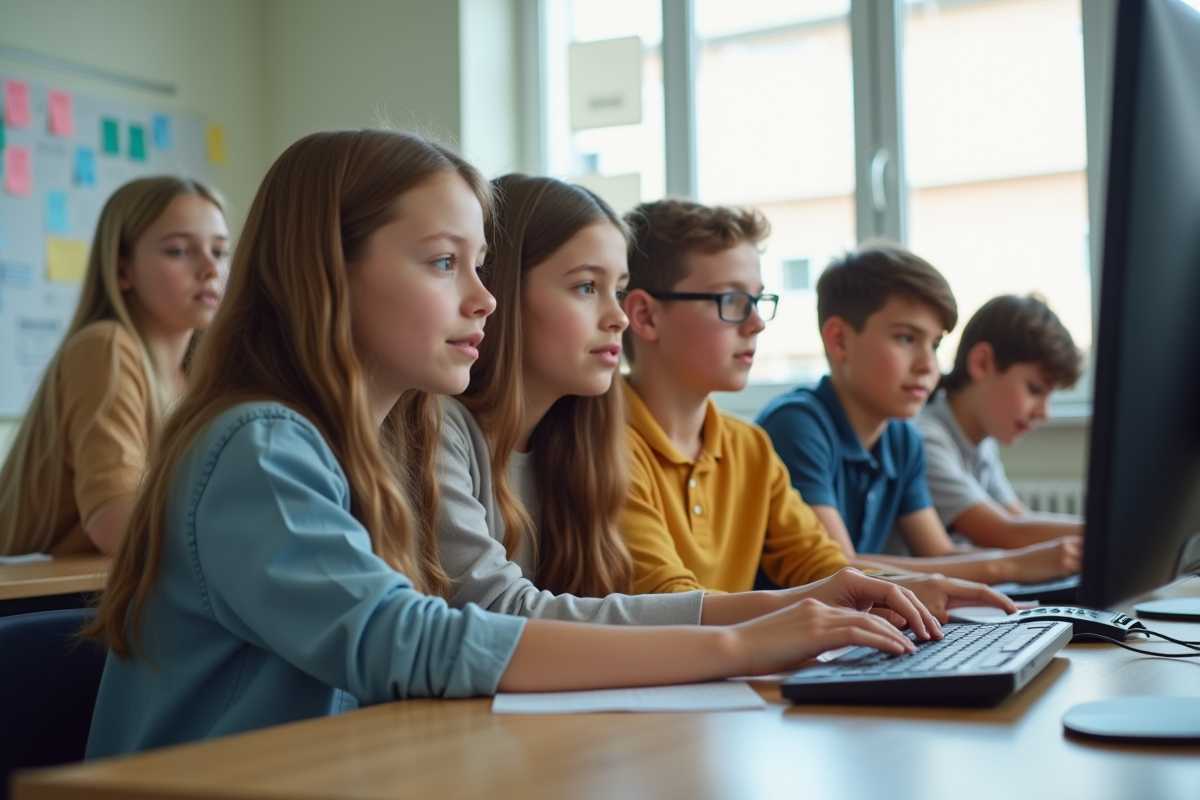 Jeunes en classe utilisant un ordinateur en groupe