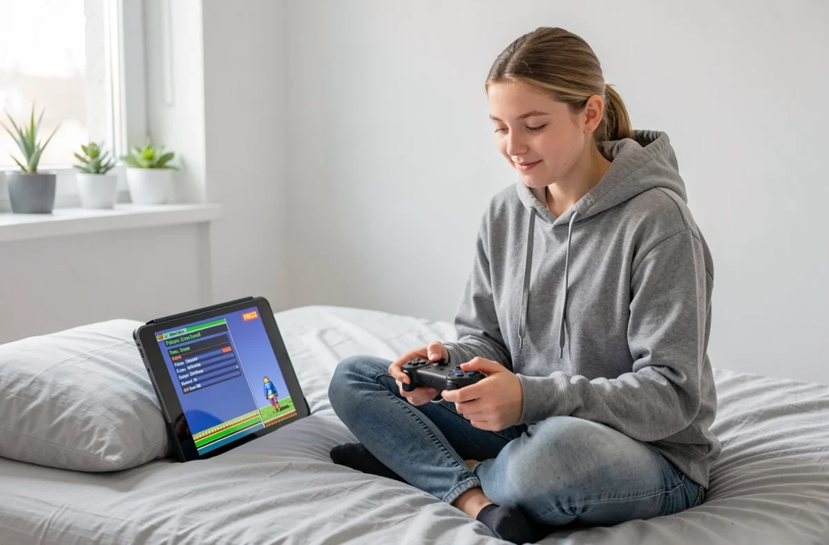 Adolescente jouant à Pokémon Émeraude sur émulateur GBA via une tablette dans une chambre moderne minimaliste