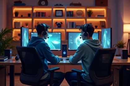 Deux jeunes hommes concentrés sur leur jeu en home office