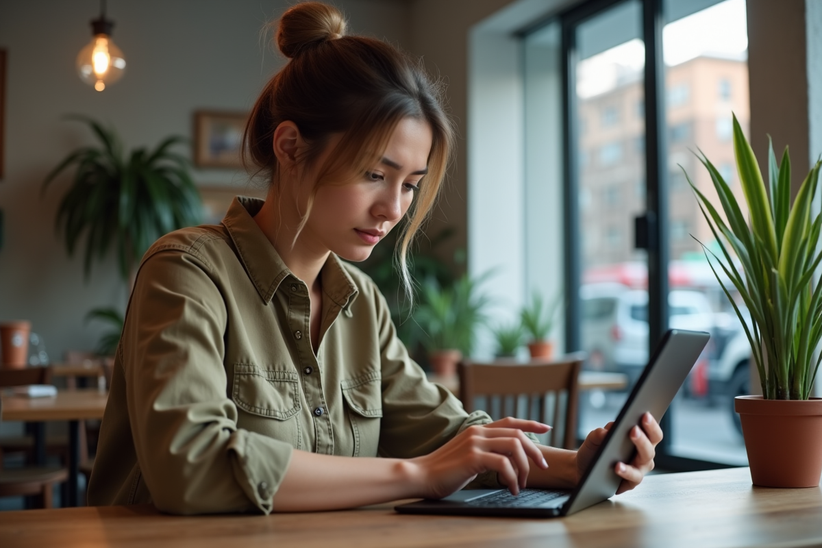 Jeune femme journaliste IT recherchant WireGuard au café