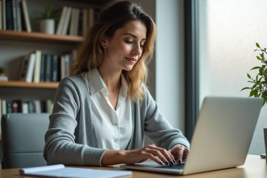 Femme consultant sa messagerie AOL depuis un ordinateur portable dans un bureau à domicile sécurisé