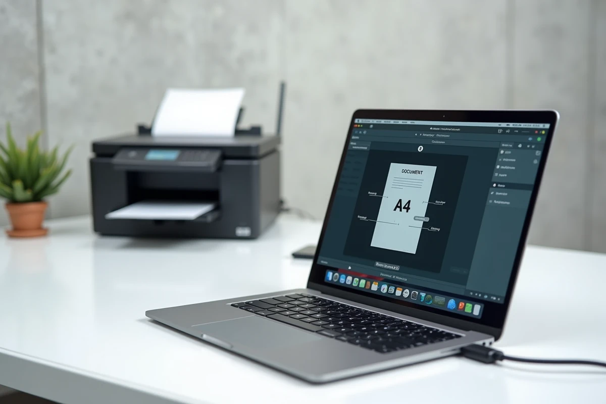 Écran d'ordinateur affichant un logiciel de numérisation connecté à une imprimante sans fil sur un bureau minimaliste