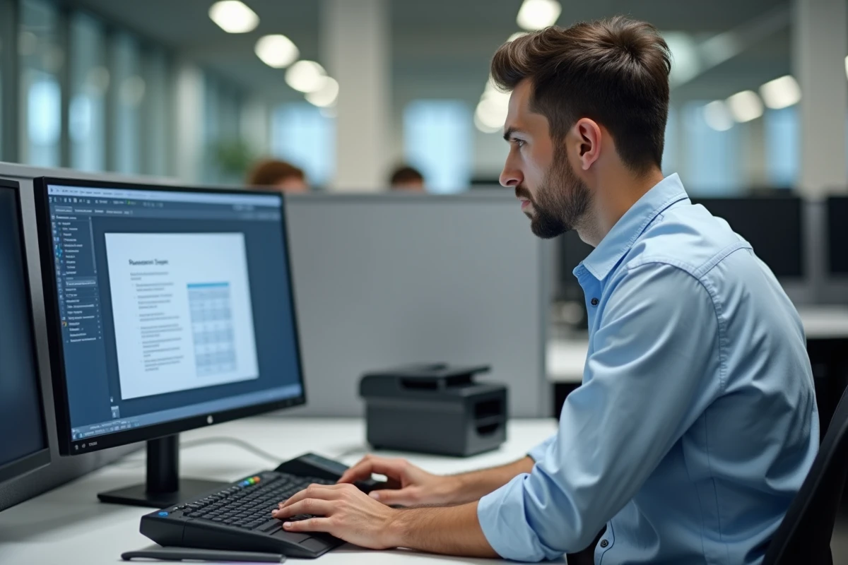 Homme utilisant un logiciel de numérisation sur ordinateur connecté à une imprimante multifonction au bureau