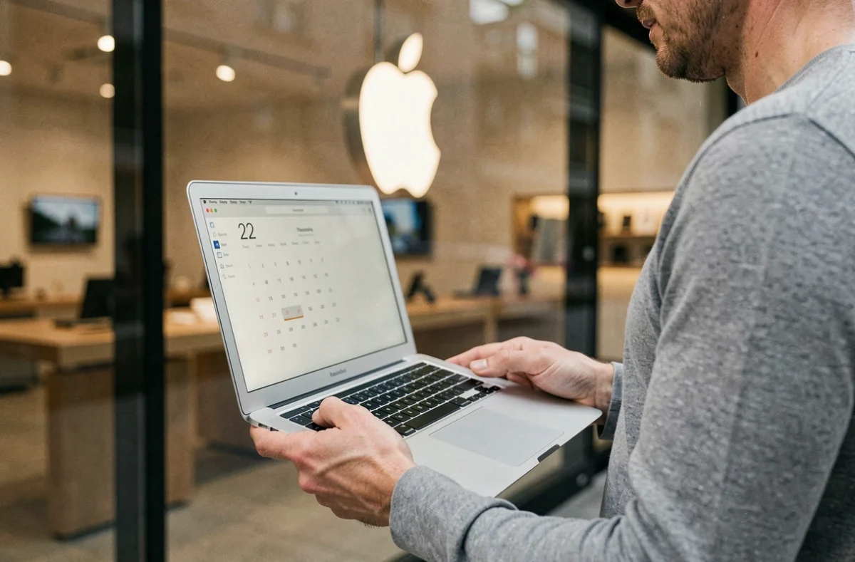 Homme tenant un MacBook Air 13 pouces devant une boutique Apple avec un calendrier affiché à l'écran suggérant la date de sortie du produit