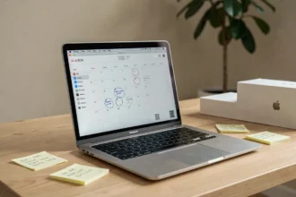 MacBook Air 13 pouces ouvert sur un bureau en bois avec un calendrier macOS affiché et des notes manuscrites évoquant une date de sortie Apple