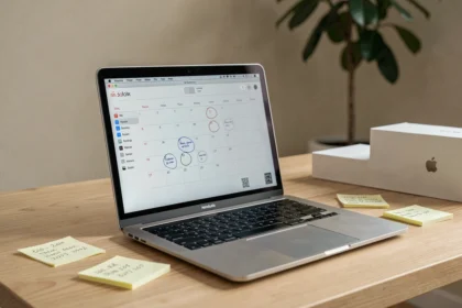 MacBook Air 13 pouces ouvert sur un bureau en bois avec un calendrier macOS affiché et des notes manuscrites évoquant une date de sortie Apple