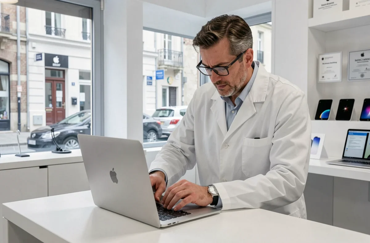 Technicien certifié Apple remplaçant le clavier d'un MacBook Pro dans la boutique MacPlace à Brest