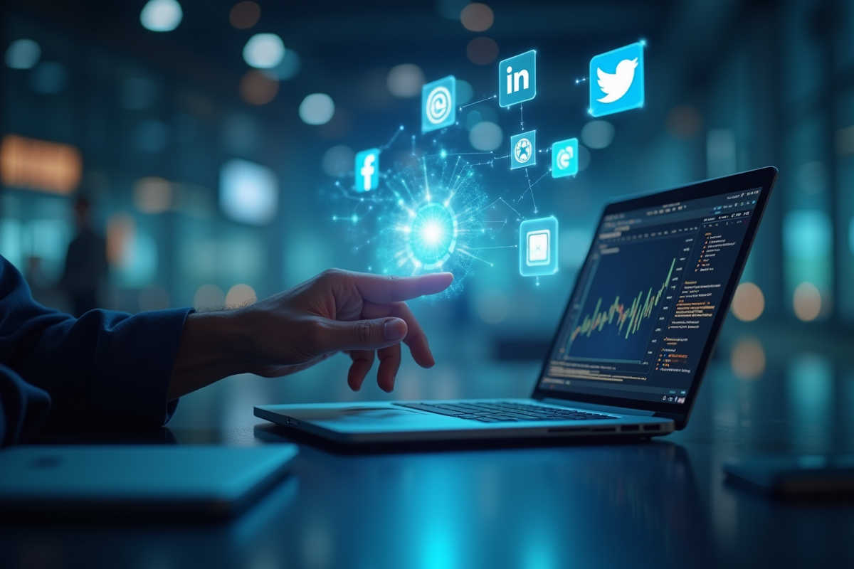 Main sélectionnant des logos de réseaux sociaux holographiques dans un espace futuriste