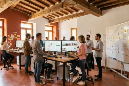 Équipe d'une agence digitale en Occitanie travaillant sur des projets Shopify dans un bureau moderne aux accents régionaux
