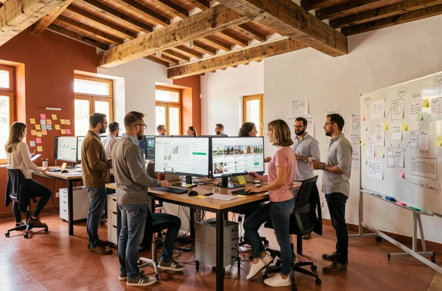 Équipe d'une agence digitale en Occitanie travaillant sur des projets Shopify dans un bureau moderne aux accents régionaux