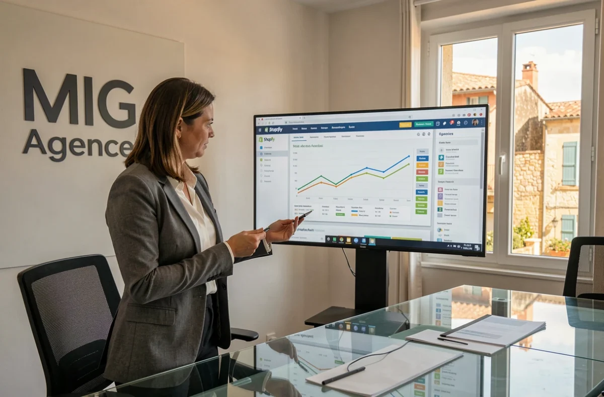 Cheffe de projet de MIG Agence présentant un rapport Shopify dans une salle de réunion moderne avec branding visible