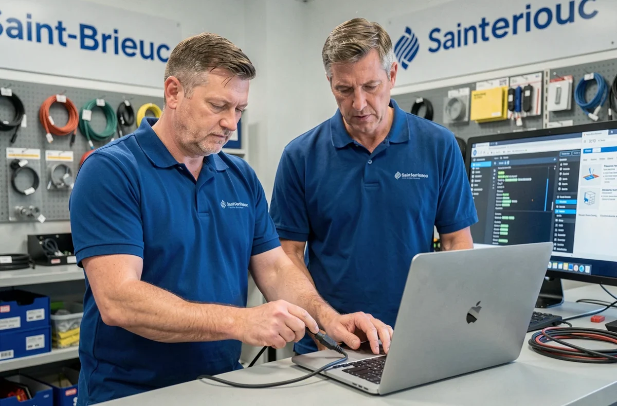Technicien connectant un câble de diagnostic à un MacBook Pro dans la boutique Net Réparation à Saint-Brieuc