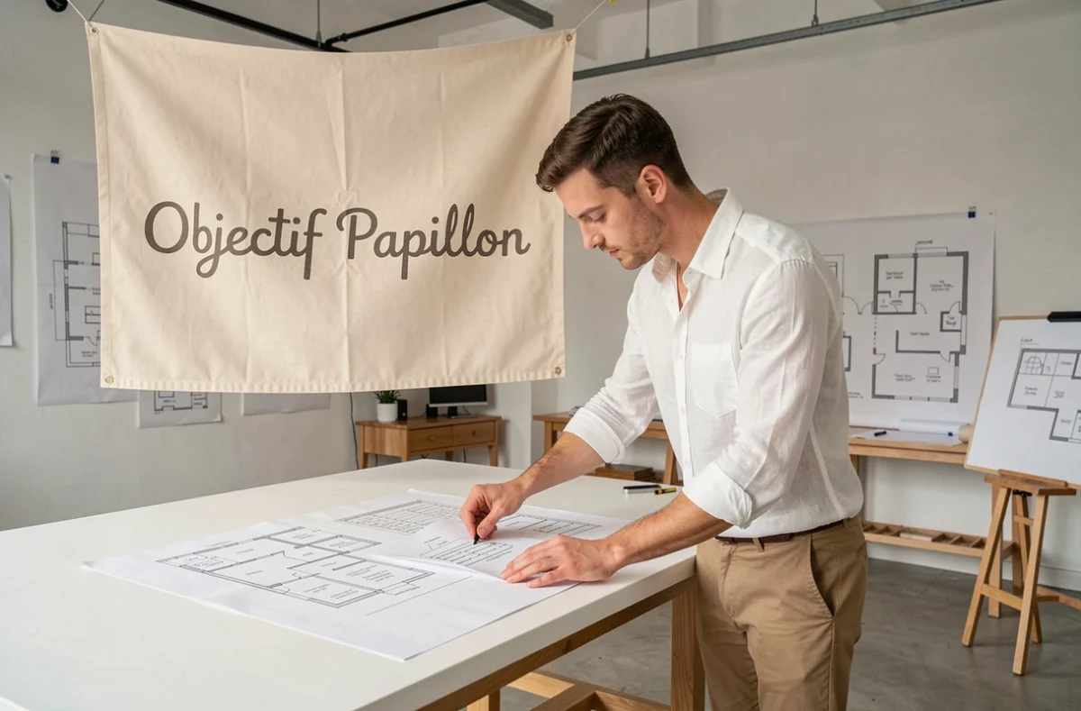 Designer UX d'Objectif Papillon organisant des wireframes sur une table dans un studio de design épuré