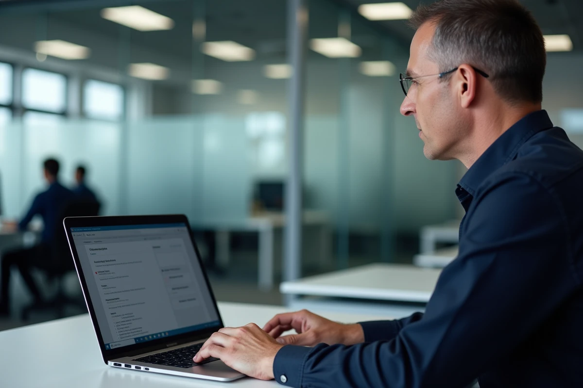 Homme consultant les paramètres de disposition du clavier sur un ordinateur portable en open space