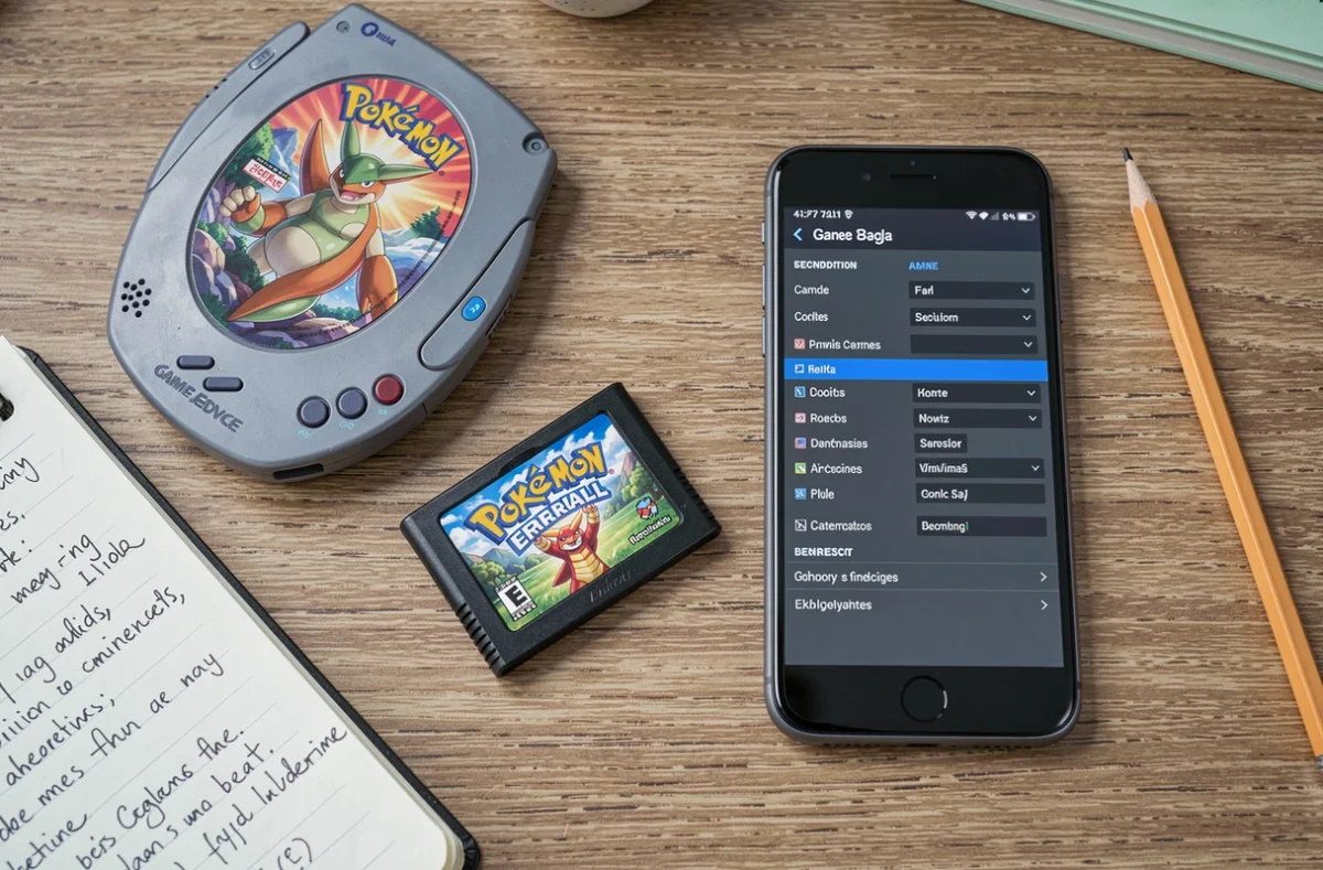 Vue de dessus d'un bureau avec une cartouche Pokémon Émeraude, une Game Boy Advance et un smartphone affichant les paramètres d'un émulateur GBA