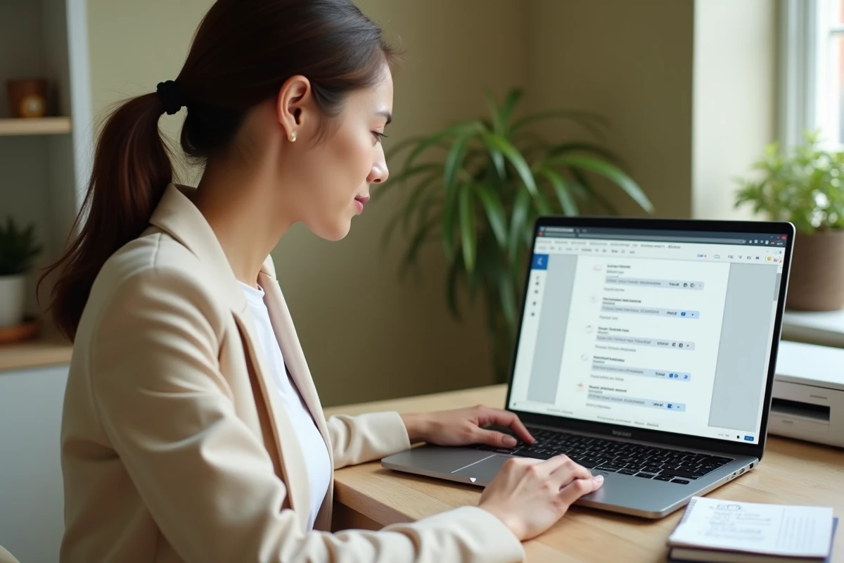 Jeune femme consultant les paramètres d'impression dans un navigateur web depuis son bureau à domicile pour éviter les erreurs d'impression