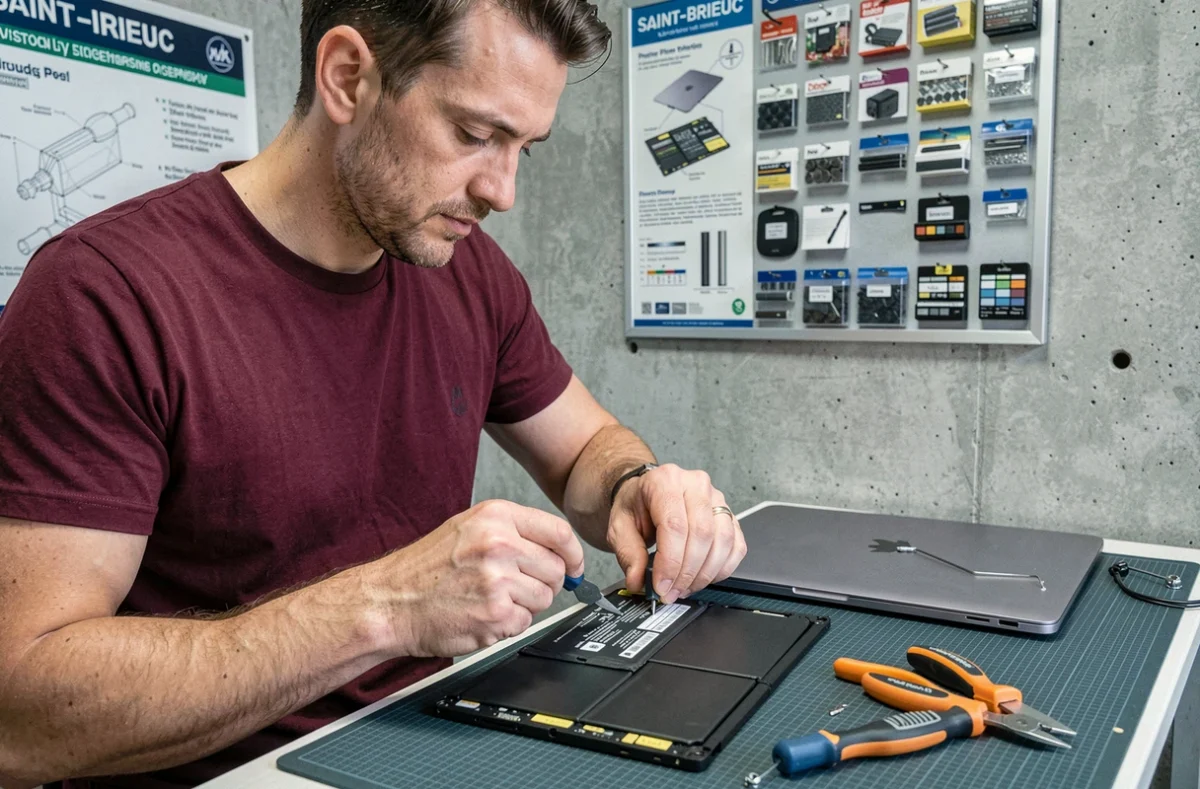 Technicien remplaçant la batterie d'un MacBook Pro dans l'atelier PC-22 à Saint-Brieuc