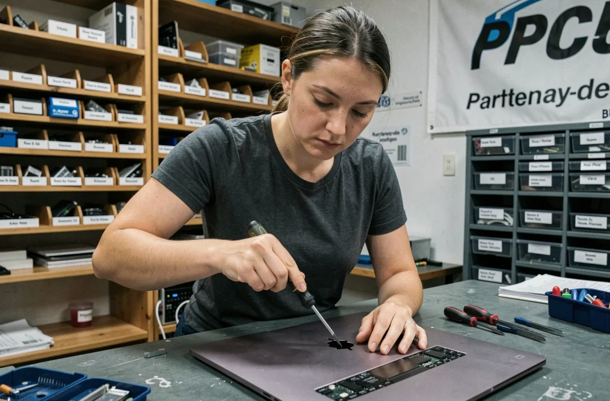 Technicienne ouvrant un MacBook Air avec un tournevis de précision dans l'atelier PC35 à Parthenay-de-Bretagne