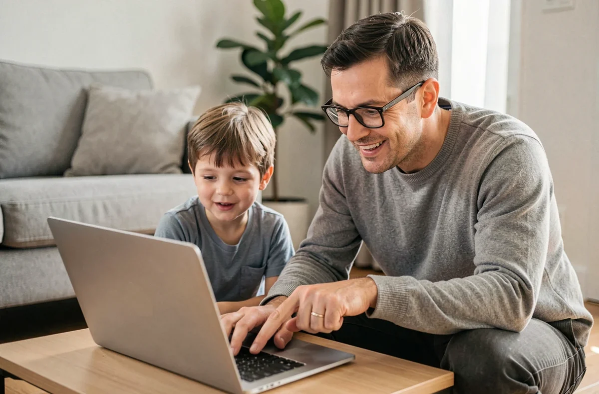 Un père qui aide son fils à apprendre à taper sur le clavier d'un ordinateur portable dans le salon familial