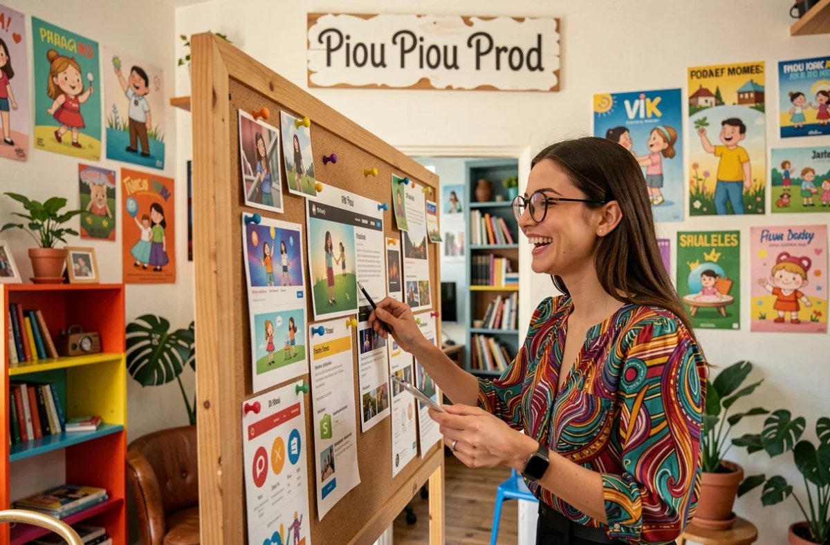 Directrice créative de Piou Piou Prod souriant devant un moodboard Shopify dans un studio coloré et éclectique