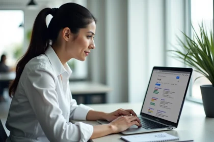 Une professionnelle du SEO consultant la version américaine de Google sur un ordinateur portable dans un bureau moderne