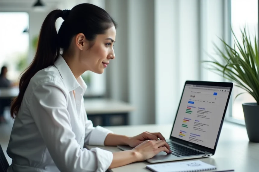 Une professionnelle du SEO consultant la version américaine de Google sur un ordinateur portable dans un bureau moderne