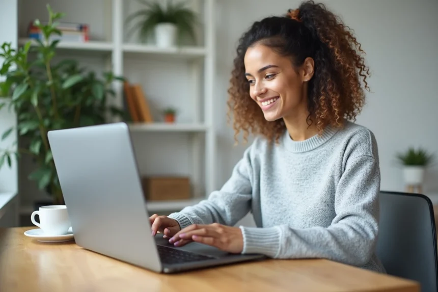 Jeune femme utilisant un raccourci clavier sur un ordinateur portable avec Google Docs ouvert
